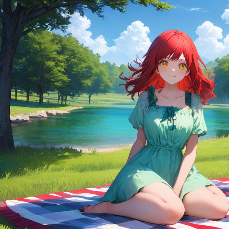 00160-2299588986-1Girl, mature, American, redhead, medium hair, yellow eyes, sitting on a picnic blanket near a lake, elegant summer dress, happy.png